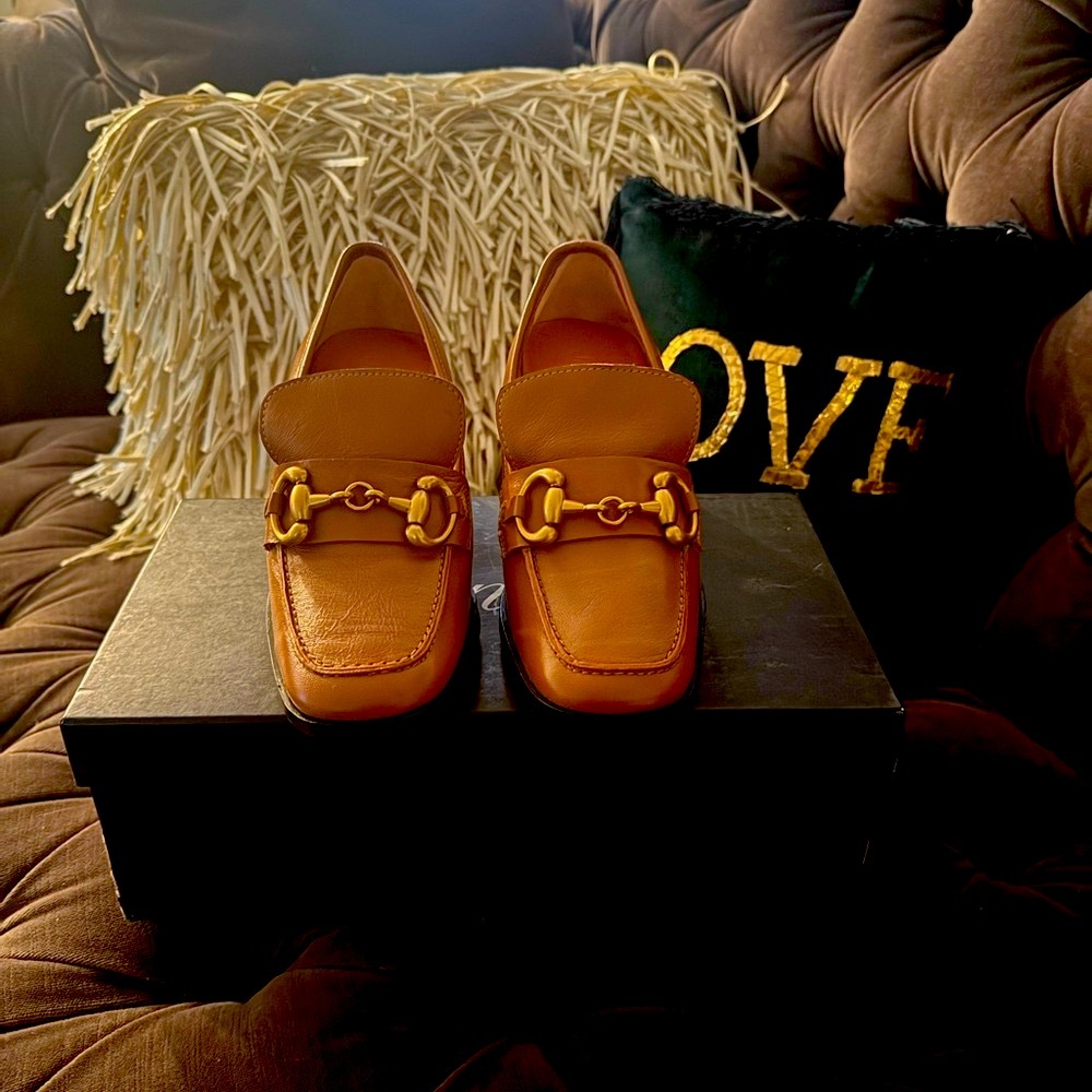 Brown Leather Loafers with Gold Buckle